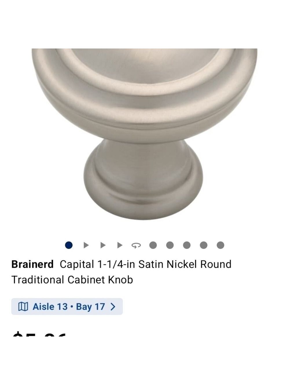 Cabinet Knobs Drawer Pulls Satin Nickle Set of 10 New Brainerd Capital Knob 1.25 - Picture 15 of 15